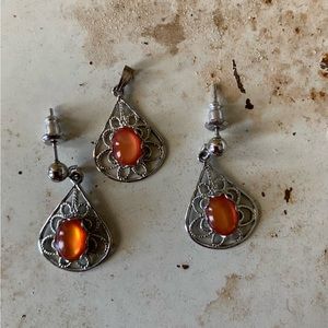 Vintage orange and silver earrings, and pendant